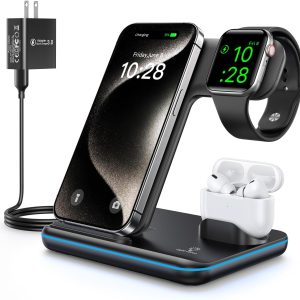 WAITIEE Wireless Charger 3 in 1, 15W Fast Charging Station for Apple Watch 10/9/8/Ultra 2/Ultra/SE/7/6/5/4/3/2, for AirPods 3/2/1/Pro for iPhone 16/15/14/13 /Plus/Pro/Pro Max/12/11(Black)