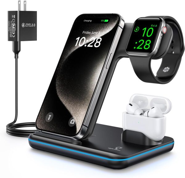 WAITIEE Wireless Charger 3 in 1, 15W Fast Charging Station for Apple Watch 10/9/8/Ultra 2/Ultra/SE/7/6/5/4/3/2, for AirPods 3/2/1/Pro for iPhone 16/15/14/13 /Plus/Pro/Pro Max/12/11(Black)