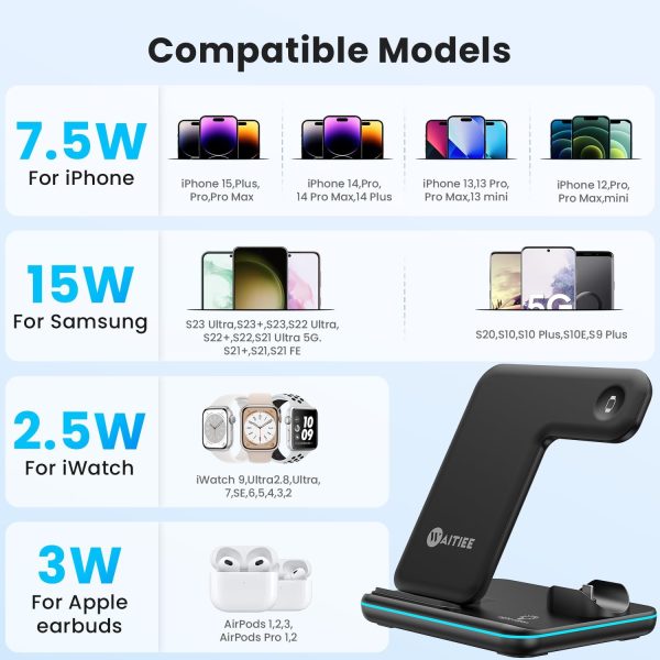 WAITIEE Wireless Charger 3 in 1, 15W Fast Charging Station for Apple Watch 10/9/8/Ultra 2/Ultra/SE/7/6/5/4/3/2, for AirPods 3/2/1/Pro for iPhone 16/15/14/13 /Plus/Pro/Pro Max/12/11(Black) - Image 8