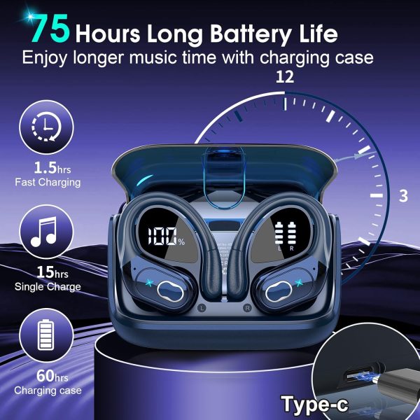 Wireless Earbuds 75hrs Bluetooth 5.3 Headphone Sport, 2024 Bluetooth Earbuds Stereo Deep Bass Over Ear Bud with Earhooks, ENC Noise Cancelling Mic, IPX7 Waterproof Earphone, Royal Blue - Image 2